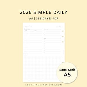 Minimal 2026 Daily Planner | Daily Diary Insert | Time Schedule Blank | To-Do, Priorities, Notes | A5 Printable PDF | Simple journal