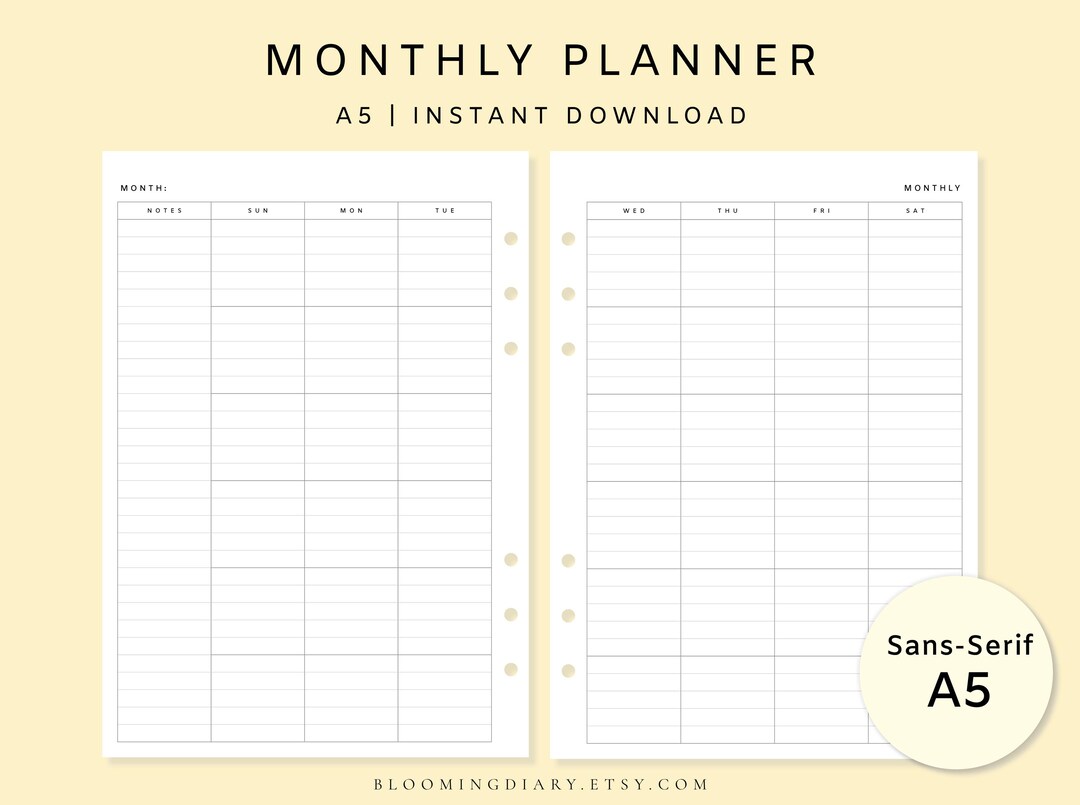 A5 Monthly Planner | Printable Undated Monthly Minimalist Template ...