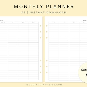 A5-maandplanner | Afdrukbare ongedateerde maandelijkse minimalistische sjabloon | Maand op twee pagina's | Eenvoudige planner | Direct downloaden