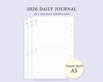 2026 Daily Planner Printable | Minimal Lined Diary PDF | Classic Daily Diary | 2 Days Per Page, 183 Pages | Simple A5 Journal, Dated Planner
