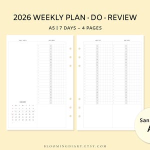 May include: A white A5 planner insert with a weekly layout for 2026. The pages include a calendar for January and a detailed schedule for each day, with the text "2026 WEEKLY PLAN DO REVIEW". The planner is designed with a sans-serif font.