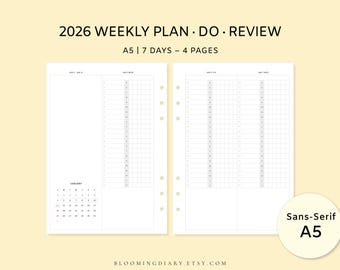 2026年ウィークリータイムブロックプランナー | Plan Do Review Weekly | 忙しい人のためのA5ミニマルスケジューラー | ミニカレンダー | 週4ページ