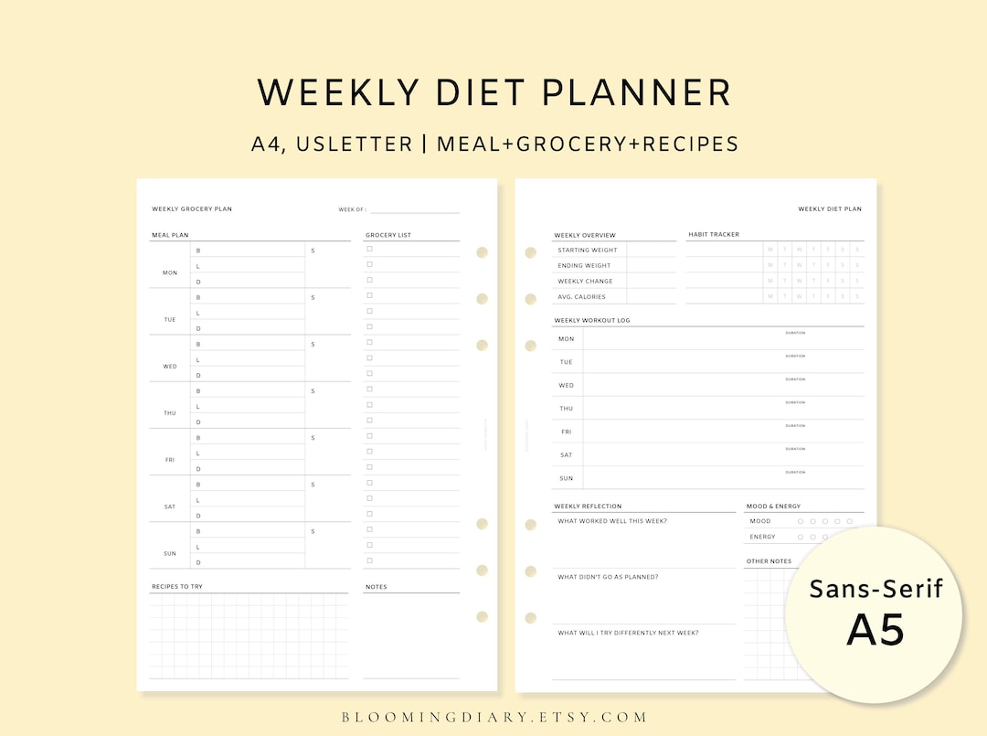 Weekly Diet Planner Printable A5 | Meal Plan + Grocery List + Workout ...