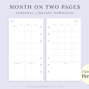 Puede incluir: Páginas de planificador blancas con un diseño mensual, con un diseño de "Mes en dos páginas". Incluye secciones para listas de tareas, enfoque mensual y notas. El texto "Personal | Instant Download" se muestra en la parte superior.