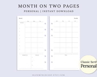 May include: White planner pages with a monthly layout, featuring a "Month on Two Pages" design. Includes sections for to-do lists, monthly focus, and notes. The text "Personal | Instant Download" is displayed at the top.