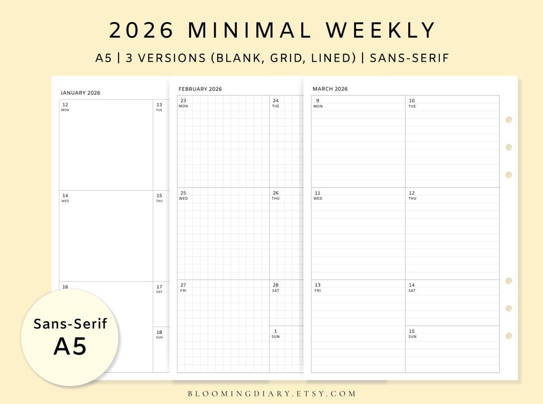 A5 2026 Weekly Planner Printable | Modern Sans-serif Style | Week on ...