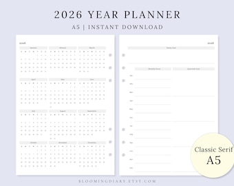 2026 Year Calendar | Yearly Planner | Minimalist A5 Printable annual insert | Quarterly Monthly Goal | Annual Overview | Year at a glance