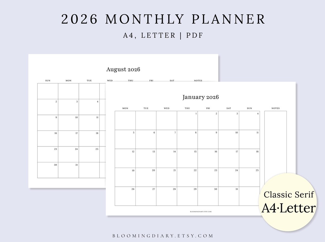 2026 Printable Calendar | A4, US Letter Minimalist Horizontal Monthly ...