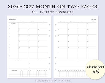 2026-2027 A5 Monatsplaner Printable | Minimalistischer Wochenkalender mit To-Do Liste, Prioritäten & Habit Tracker | PDF | Monat auf zwei Seiten