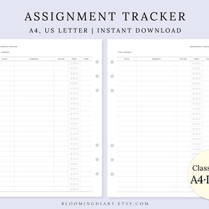 May include: A white assignment tracker printable with the text "ASSIGNMENT TRACKER" at the top. The document is labeled "A4, US LETTER | INSTANT DOWNLOAD". The tracker includes sections for course, assignments, due date, notes, and grade.