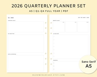 Driemaandelijkse plannerset 2026 | Sjabloon voor het stellen van minimale doelen 1e tot 4e kwartaal | 12-maanden moderne schreefloze planner | 2 pagina's per kwartaal | Afdrukbare pdf