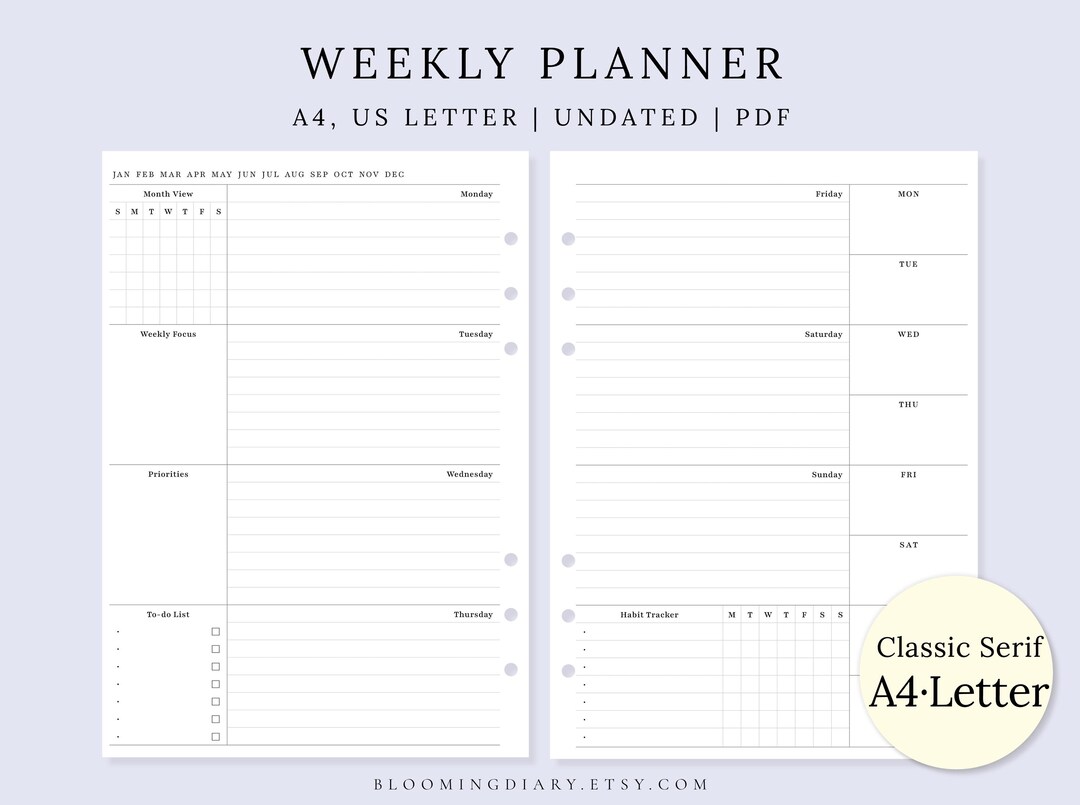 A4, US Letter Weekly Planner | Undated Printable Weekly Schedule ...