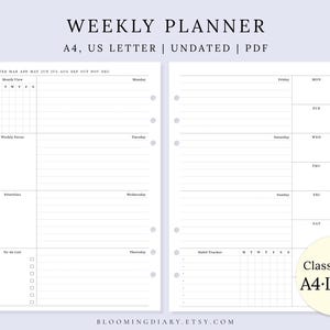 Op de afbeelding: Een tweepagina's weekplanner met een lichtpaarse achtergrond. De linkerpagina bevat een maandoverzicht, wekelijkse focus, prioriteiten en een takenlijst. De rechterpagina heeft een gewoontetracker en dagelijkse secties. Tekst bevat "WEEKLY PLANNER" en "A4, US LETTER | UNDATED | PDF".