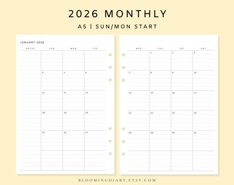 May include: A monthly planner page for January 2026, with a grid layout for each day of the month. The planner is A5 size and starts the week on Sunday/Monday. The text "2026 MONTHLY" and "A5 | SUN/MON START" are at the top.