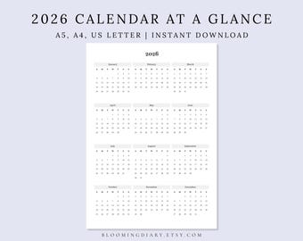 2026 Year Calendar | Year at a Glance | Full Year on One Page | A4, A5, US Letter | Clean Minimal Serif Design | Monday & Sunday Start