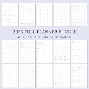 Plannerset 2026 | Maandelijkse, wekelijkse en dagelijkse bundel | Volledige planner voor 2026 | Minimale afdrukbare planner A5 | Pdf direct downloaden
