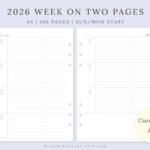May include: A two-page spread from a 2026 planner, featuring a week-on-two-pages layout. The A5 size planner has 106 pages and starts on Sunday or Monday. The design includes the text "2026 WEEK ON TWO PAGES" and "Classic Serif A5".