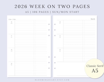 2026 Weekly Planner | A5 Printable Schedule | Week on Two Pages | WO2P Checklist  | Minimalist PDF | Insert for A5 Binders & Notebooks