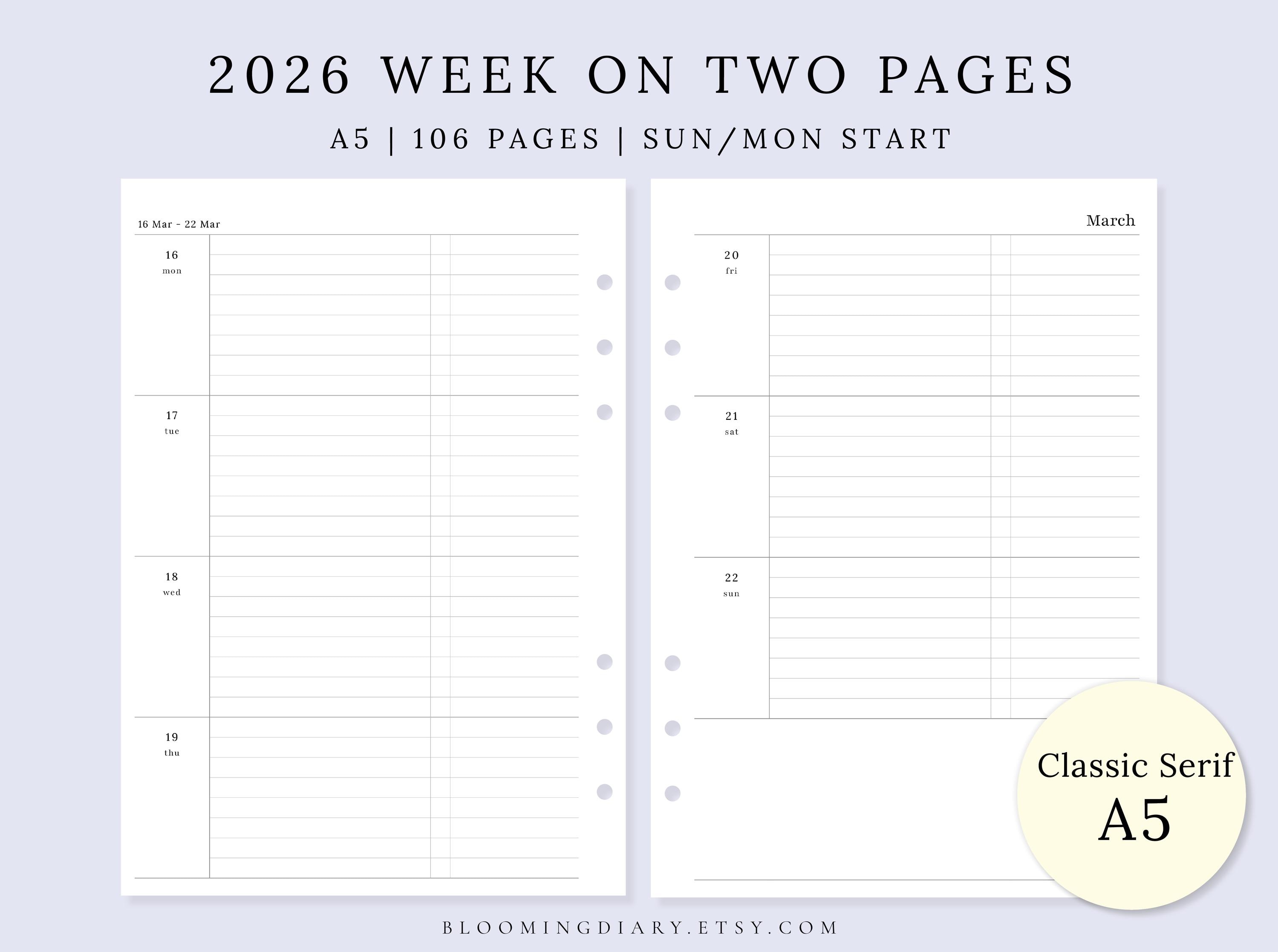 2026 Weekly Planner | A5 Printable Schedule | Week on Two Pages | WO2P ...