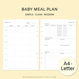 Op de afbeelding: Een afdrukbaar babymaaltijdplan met een eenvoudig, schoon en modern ontwerp. De planner bevat secties voor ontbijt, lunch, diner en snacks, evenals een sectie voor eerste voedingsmiddelen, babyselectie en een boodschappenlijst.
