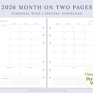 May include: A two-page spread of a 2026 monthly planner. The text "2026 MONTH ON TWO PAGES" is at the top. The planner includes a calendar, to-do list, and habit tracker. The words "PERSONAL WIDE | INSTANT DOWNLOAD" are also present.