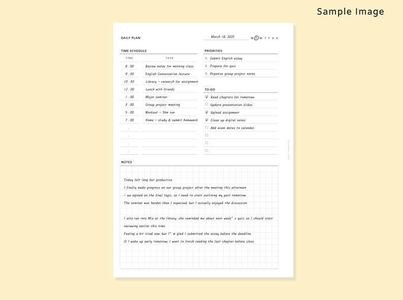 Minimal Daily Planner | Undated Daily Insert | Time Schedule Blank | To-Do, Priorities, Notes | A5 Printable PDF | Simple journal | 2026 image 3