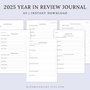 May include: A collection of white A5-sized journal pages with black text, designed for a 2025 year-in-review. The pages are arranged to display various sections for reflection and goal setting. The top text reads "2025 YEAR IN REVIEW JOURNAL" and "A5 | INSTANT DOWNLOAD".