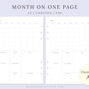 May include: A two-page spread of a planner insert with a month-on-one-page layout. The pages are white with a grid for each day of the week. Additional sections include space for monthly focus, priorities, notes, to-do lists, events, and reminders. Text at the top reads "MONTH ON ONE PAGE A5 | UNDATED | PDF".