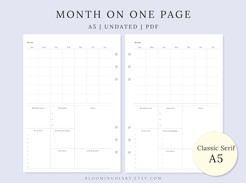 Monthly Diary Templates | A5 Printable Planner Inserts | MO1P Layout ...