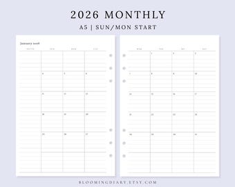 2026 Monthly Calendar | A5 Monthly Planner | 12 Month Calendar, Monthly Organizer, Month At a Glance, Month on Two Pages | MO2P