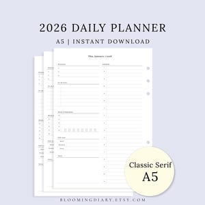 May include: A stack of white A5 daily planner pages with a light blue background. The top page shows a schedule, to-do list, and notes section. Text includes "2026 Daily Planner" and "Instant Download."
