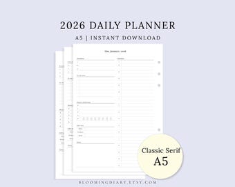 May include: A stack of white A5 daily planner pages with a light blue background. The top page shows a schedule, to-do list, and notes section. Text includes "2026 Daily Planner" and "Instant Download."