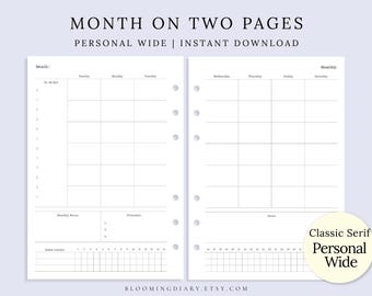 May include: A white planner insert with a monthly layout, designed for personal wide planners. The pages feature a grid for daily planning, to-do lists, and habit tracking. Text at the top reads "MONTH ON TWO PAGES" and "PERSONAL WIDE | INSTANT DOWNLOAD".