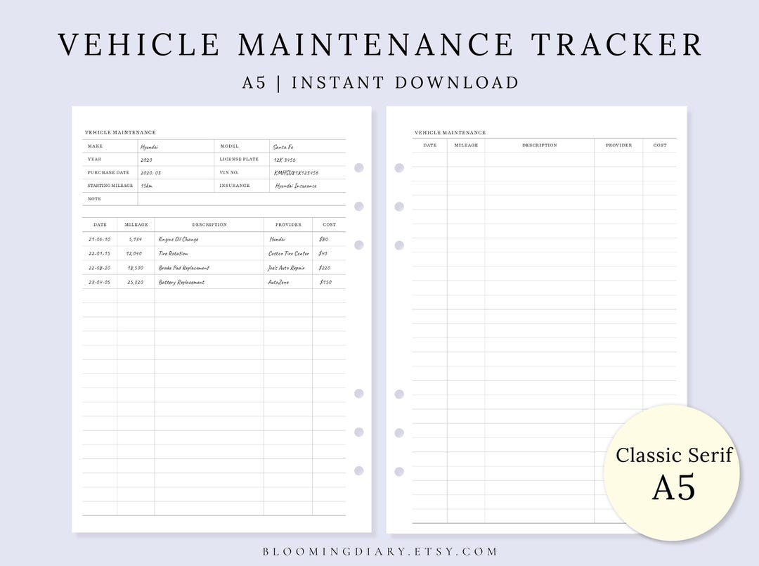 Car Maintenance Tracker | A5 Vehicle Maintenance Tracker | Printable ...