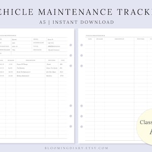 May include: A5 size vehicle maintenance tracker printable with the title "Vehicle Maintenance Tracker" at the top. The tracker includes sections for vehicle details and maintenance logs. The text "Instant Download" is also included.