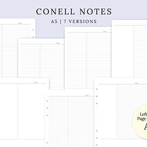 Puede incluir: Una colección de páginas blancas A5 de Conell Notes con varios diseños, incluyendo páginas rayadas, cuadriculadas y en blanco. El texto "CONELL NOTES" y "A5 | 7 VERSIONS" están en la parte superior. Una pegatina circular dice "Left/Right Page versions A5".