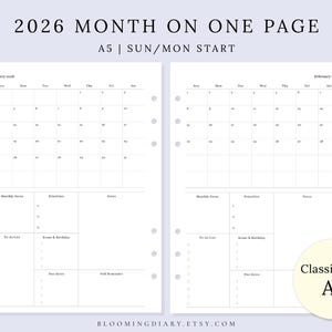Puede incluir: Insertos de planificador tamaño A5 con un calendario de un mes por página para 2026. Las páginas blancas presentan un diseño sencillo, con cuadrículas de calendario, enfoque mensual, prioridades, notas, listas de tareas y secciones de eventos/cumpleaños.