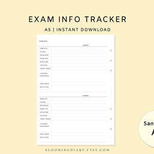Suivi des informations sur l'examen | Planificateur d'étude minimal | PDF imprimable A5 | Présentation de l'examen, dates, couverture, note finale | Planificateur de préparation aux examens