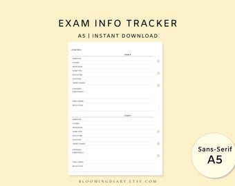 Exam Info Tracker | Minimal Study Planner | A5 Printable PDF | Exam Overview, Dates, Coverage, Final Grade | Exam Preparation Planner