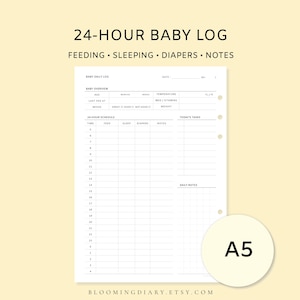 Può includere: Un registro per neonati stampabile di 24 ore, in formato A5. Include sezioni per l'alimentazione, il sonno, i pannolini e le note. Il titolo è '24-HOUR BABY LOG'.