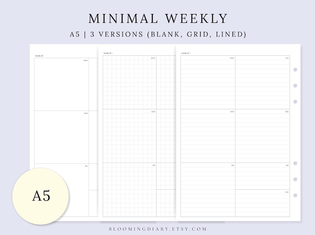 Minimalist Weekly Planner | A5 Printable Weekly Blank, Grid, Lined ...