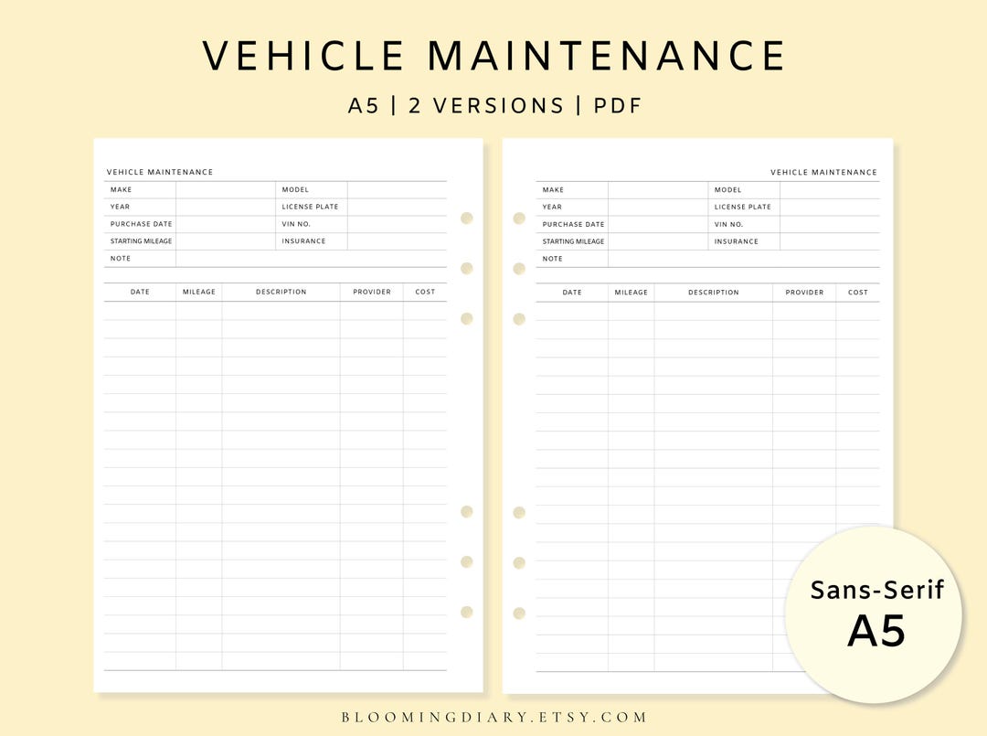 Car Maintenance Tracker | A5 Vehicle Maintenance Tracker | Printable ...