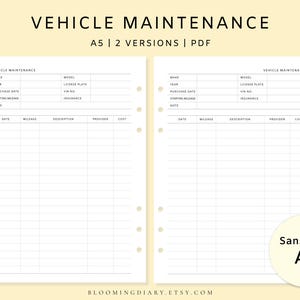May include: Two-page vehicle maintenance log in A5 size, with fields for make, model, year, license plate, and insurance. Includes sections for date, mileage, description, provider, and cost. Text: Vehicle Maintenance, A5 | 2 Versions | PDF.