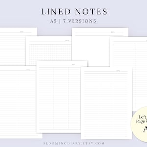 May include: An image showcasing seven A5 lined note page designs. The pages are white with different line styles, including grid and ruled formats. The text "LINED NOTES" and "A5 | 7 VERSIONS" is at the top. A circular graphic indicates left/right page versions.