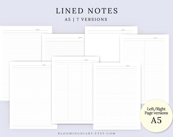 May include: A collection of seven different A5 lined note pages. The pages are white with various line styles, including grid and ruled formats. The text "LINED NOTES" and "A5 | 7 VERSIONS" is at the top. A circular graphic indicates left/right page versions.