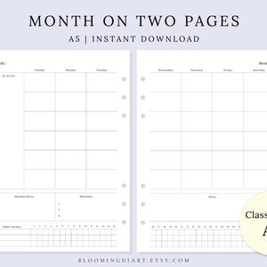 May include: A two-page A5 monthly planner template with a minimalist design. The left page includes a to-do list, and the right page has space for notes. The text "MONTH ON TWO PAGES" and "A5 | INSTANT DOWNLOAD" are at the top.