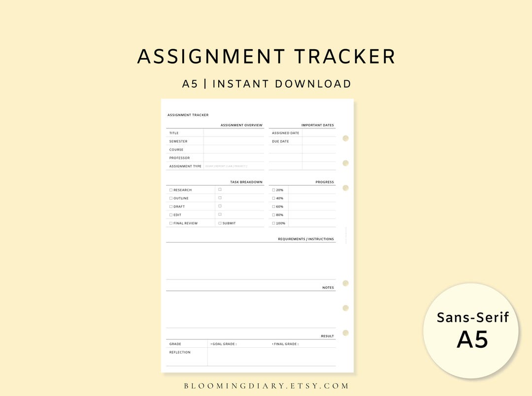 Assignment Tracker Printable | Minimal Study Planner | A5 PDF | Student ...