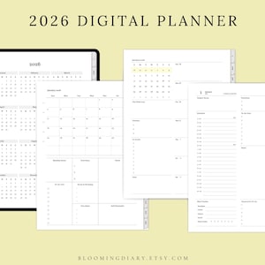 May include: A digital planner for 2026, displayed on a tablet and several white pages. The planner includes yearly, monthly, and daily views, with sections for tasks, notes, and goal tracking. The text "2026 DIGITAL PLANNER" is at the top.