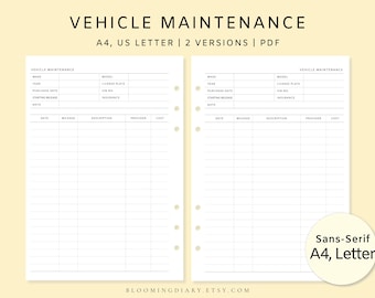Suivi de l'entretien automobile | Suivi d'entretien de véhicule A4, lettre US | Carnet d'entretien imprimable en format PDF | Planificateur de services d'entretien automobile