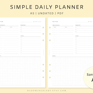 Minimal Daily Planner | Undated Daily Insert | Time Schedule Blank | To-Do, Priorities, Notes | A5 Printable PDF | Simple journal | 2026